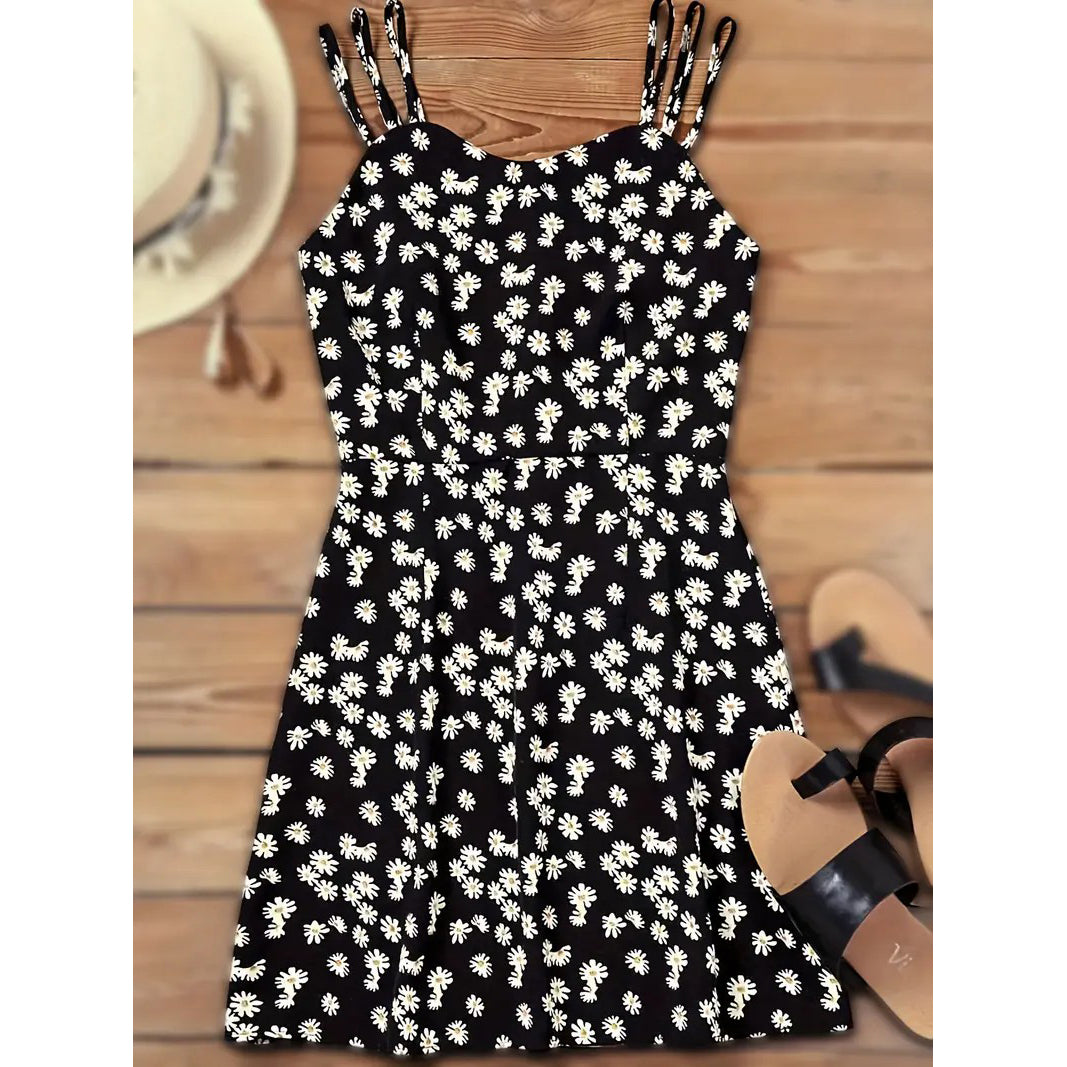 Daisy Print Spaghetti Strap Dress Sexy Sleeveless Bag Hip Dress Womens Clothing Image 4