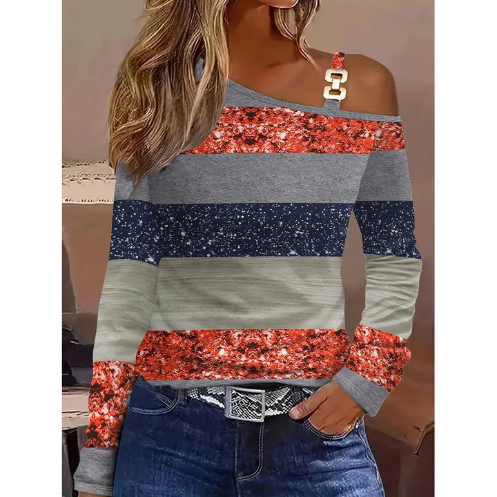 Colorblock Stripe & Sequins Print T-Shirt, Casual Cold Shoulder Long Sleeve Top For Spring & Fall, Women's Clothing Image 1