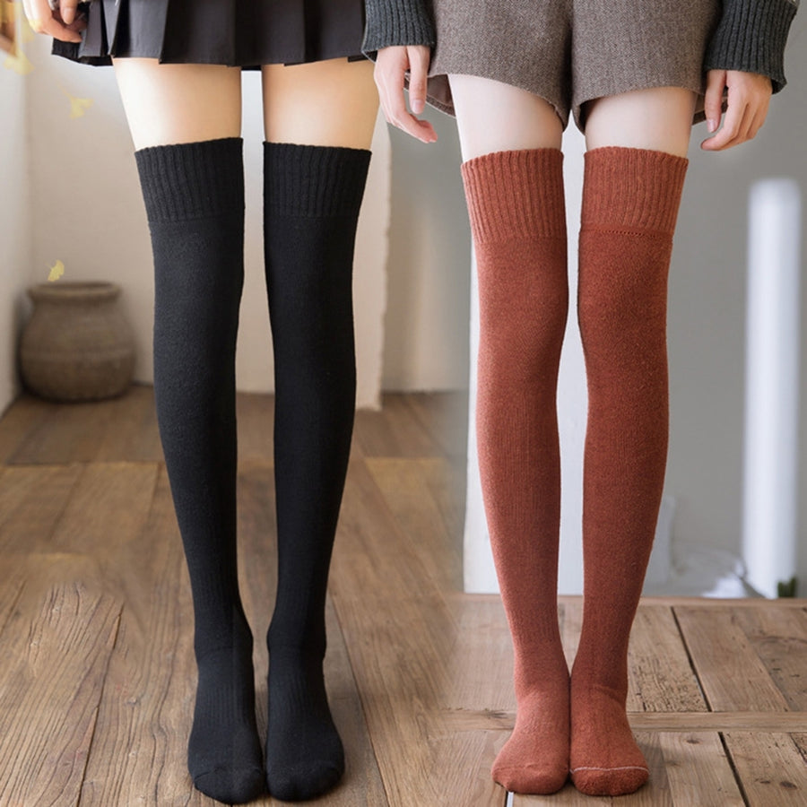 1 Pair Japanese Style Solid Color Thickened Thigh Stockings Autumn Winter Women Over Knee Socks Image 1