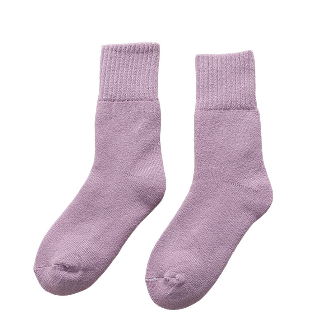 1 Pair Mid-Tube Ribbed Cuffs High Elasticity Women Socks Winter Solid Color Thickened Fleece Lining Snow Socks Image 1