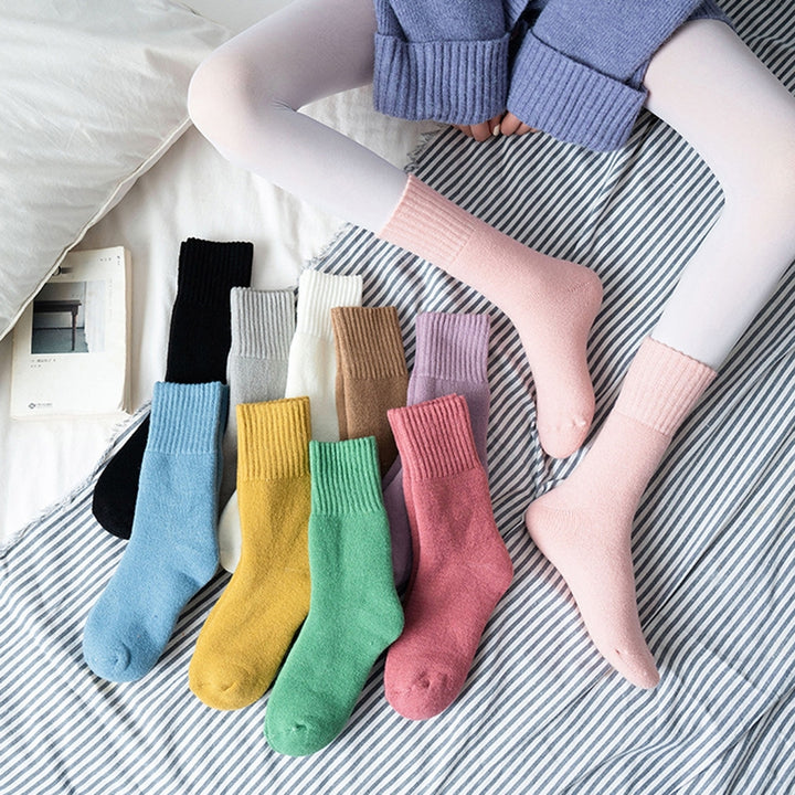 1 Pair Mid-Tube Ribbed Cuffs High Elasticity Women Socks Winter Solid Color Thickened Fleece Lining Snow Socks Image 12