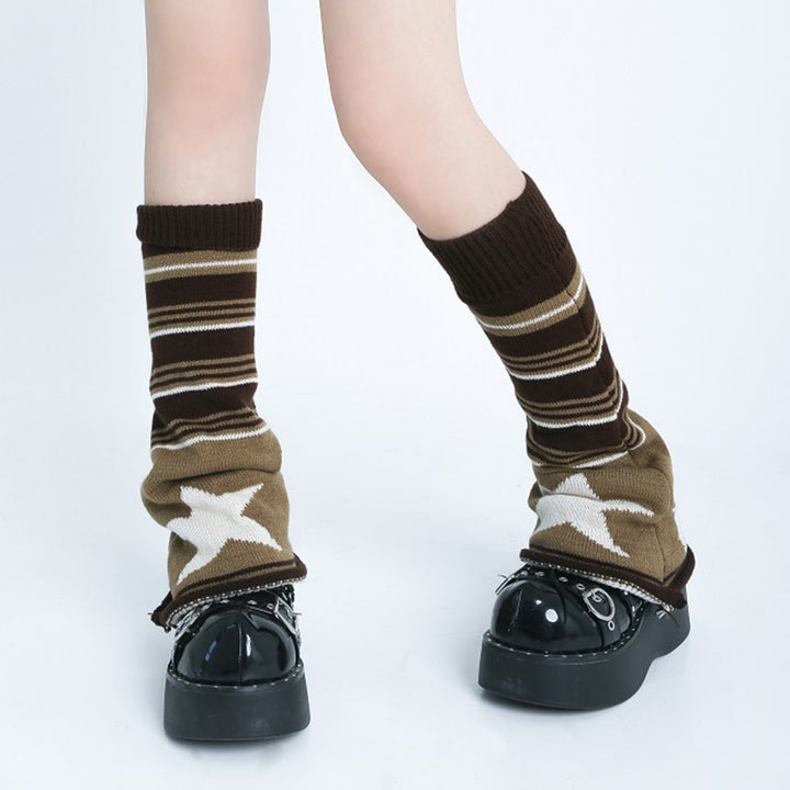 1 Pair Contrasting Striped Star Print Flared Shape Leg Warmers Autumn Winter Women Warm Boot Stockings Image 4