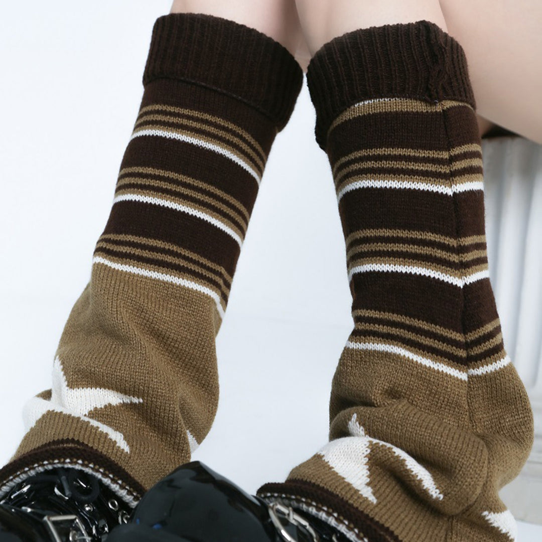 1 Pair Contrasting Striped Star Print Flared Shape Leg Warmers Autumn Winter Women Warm Boot Stockings Image 9