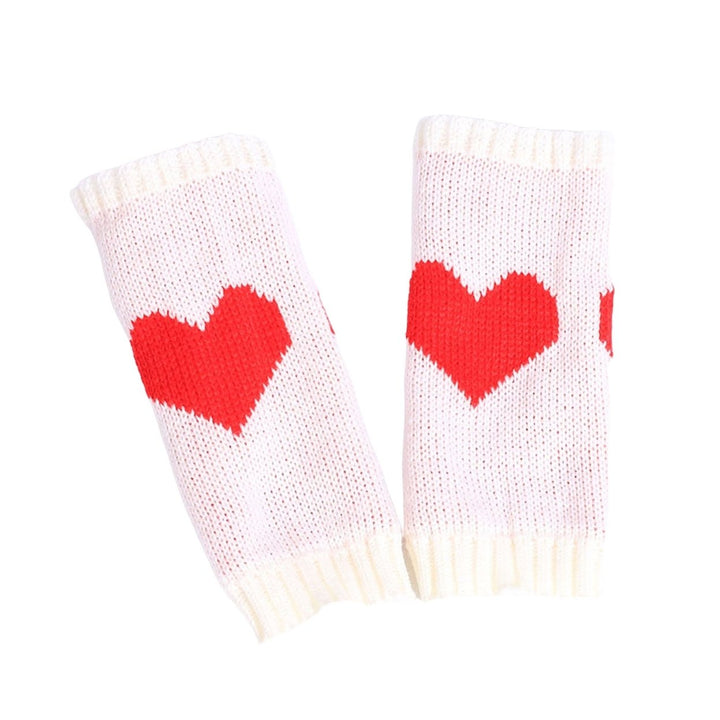 1 Pair Touch Screen Ribbed Trim Thumbhole Knitted Gloves Women Winter Love Heart Print Fingerless Mittens Image 1