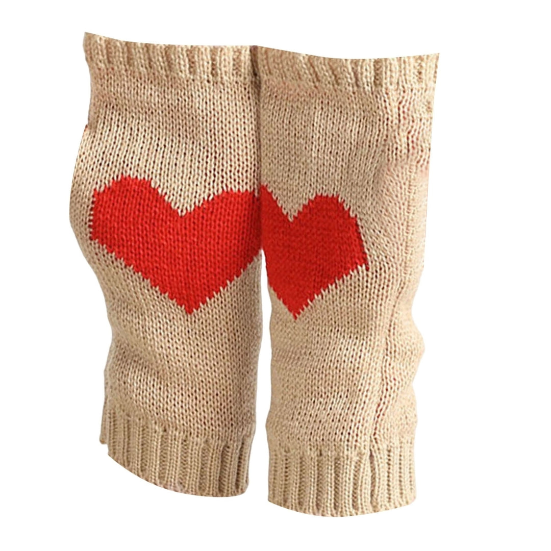 1 Pair Touch Screen Ribbed Trim Thumbhole Knitted Gloves Women Winter Love Heart Print Fingerless Mittens Image 1