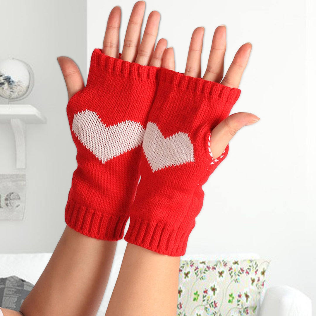 1 Pair Touch Screen Ribbed Trim Thumbhole Knitted Gloves Women Winter Love Heart Print Fingerless Mittens Image 9