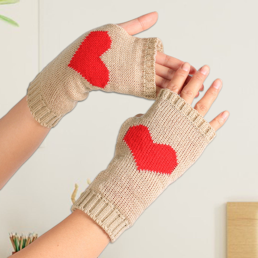 1 Pair Touch Screen Ribbed Trim Thumbhole Knitted Gloves Women Winter Love Heart Print Fingerless Mittens Image 10
