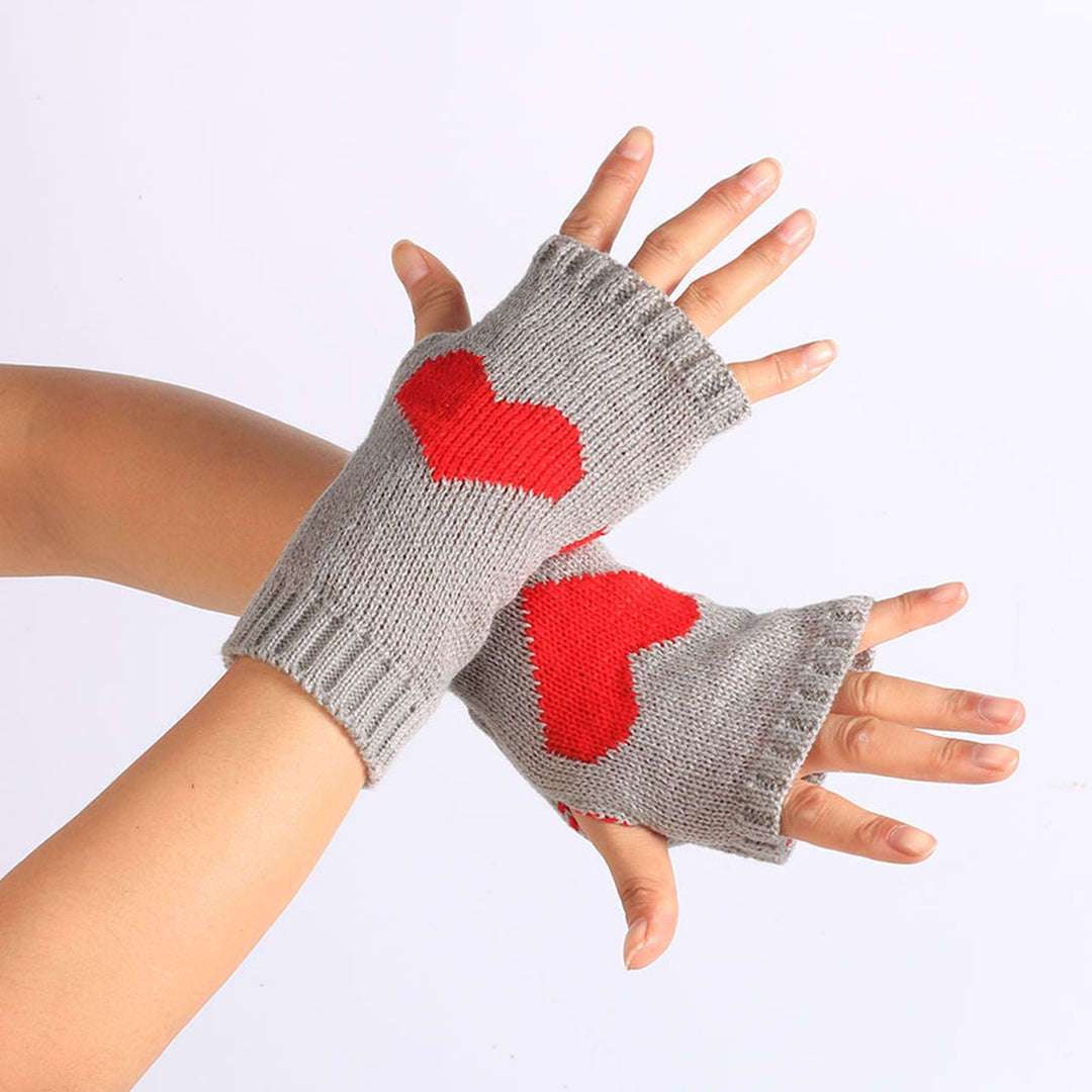 1 Pair Touch Screen Ribbed Trim Thumbhole Knitted Gloves Women Winter Love Heart Print Fingerless Mittens Image 11