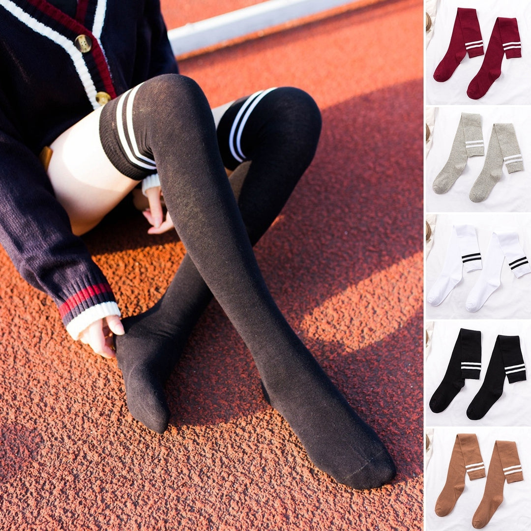 1 Pair Japanese Style Striped Print Thick Thigh Stockings Autumn Winter Women Over Knee Socks Image 1