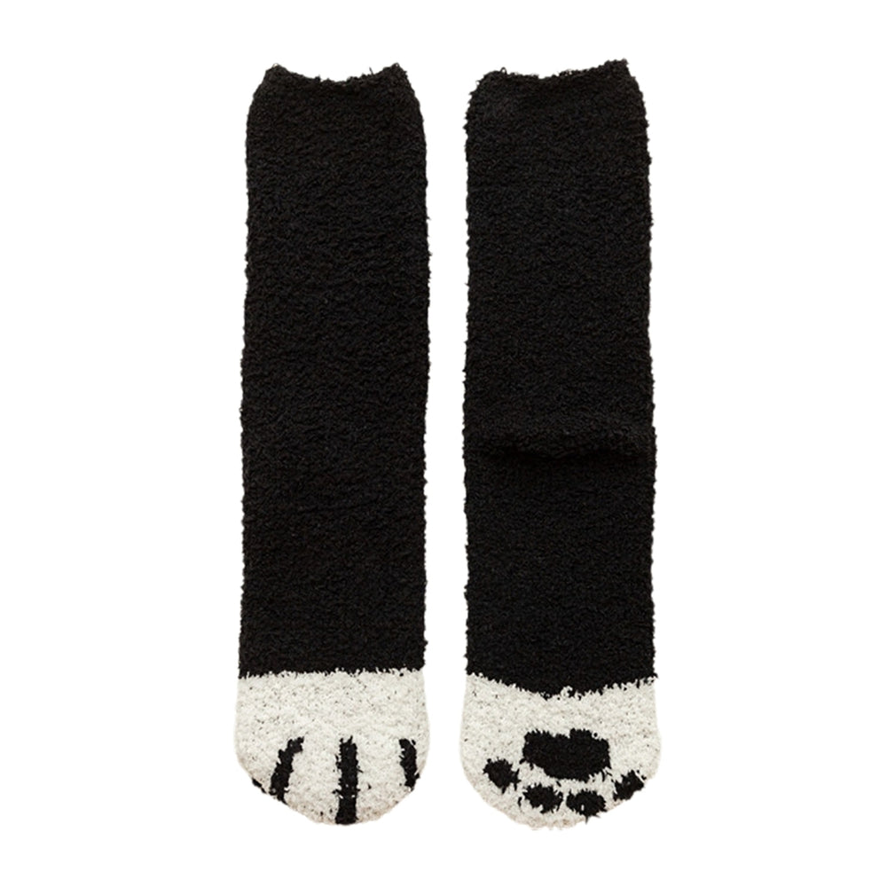 1 Pair Women Floor Socks Cat Feet Middle Tube Stretch Contrast Color Coral Fleece Thicken Cartoon Sleeping Socks for Image 2