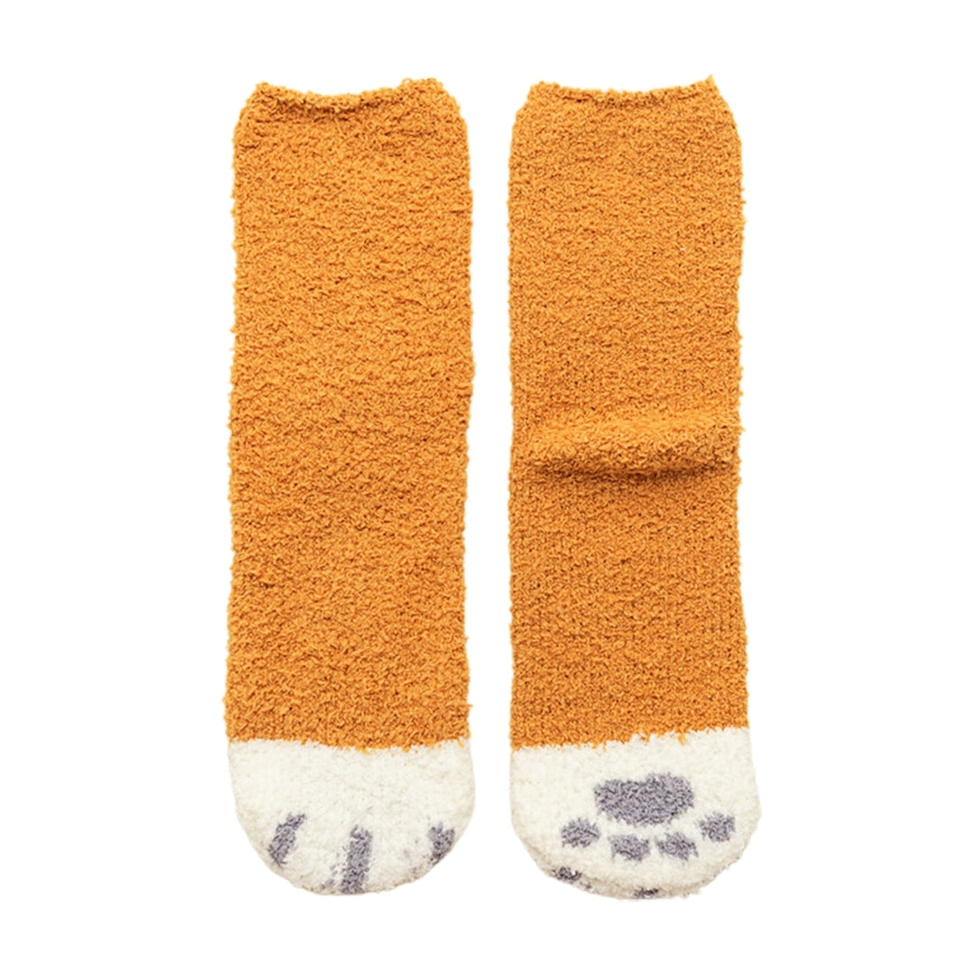 1 Pair Women Floor Socks Cat Feet Middle Tube Stretch Contrast Color Coral Fleece Thicken Cartoon Sleeping Socks for Image 4