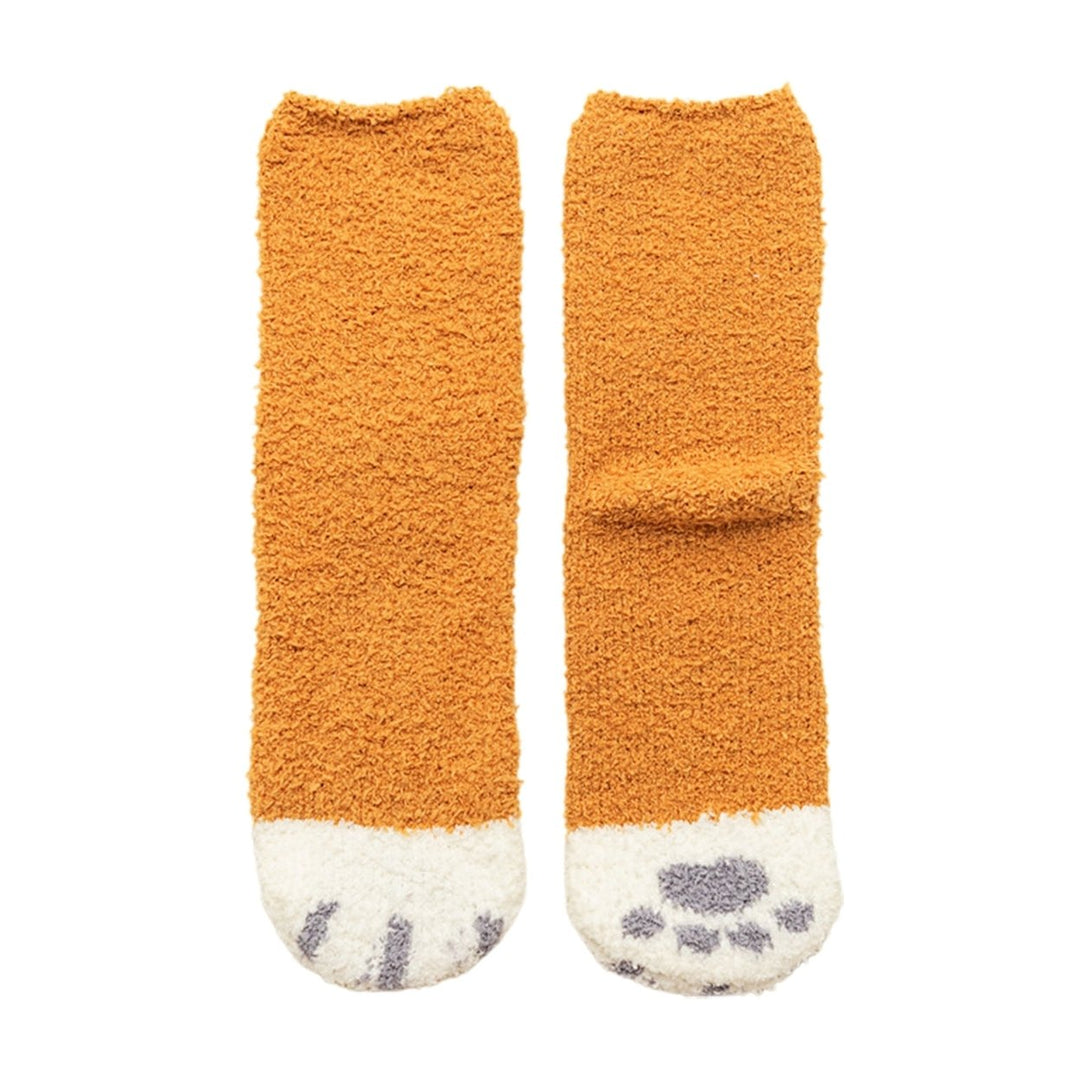 1 Pair Women Floor Socks Cat Feet Middle Tube Stretch Contrast Color Coral Fleece Thicken Cartoon Sleeping Socks for Image 1