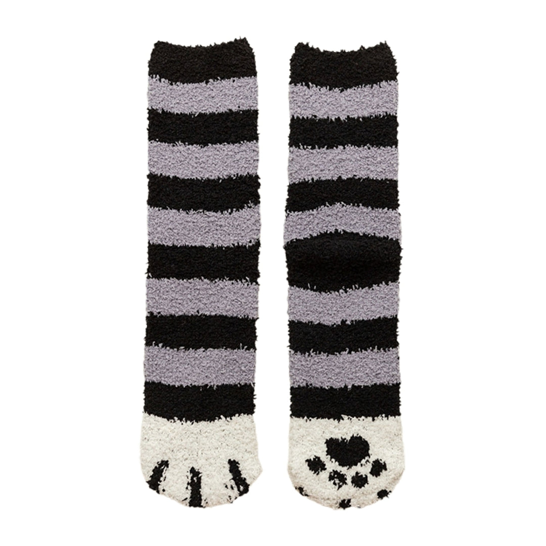 1 Pair Women Floor Socks Cat Feet Middle Tube Stretch Contrast Color Coral Fleece Thicken Cartoon Sleeping Socks for Image 4