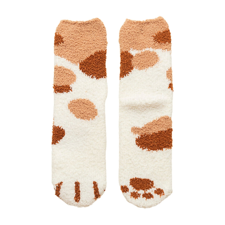 1 Pair Women Floor Socks Cat Feet Middle Tube Stretch Contrast Color Coral Fleece Thicken Cartoon Sleeping Socks for Image 6