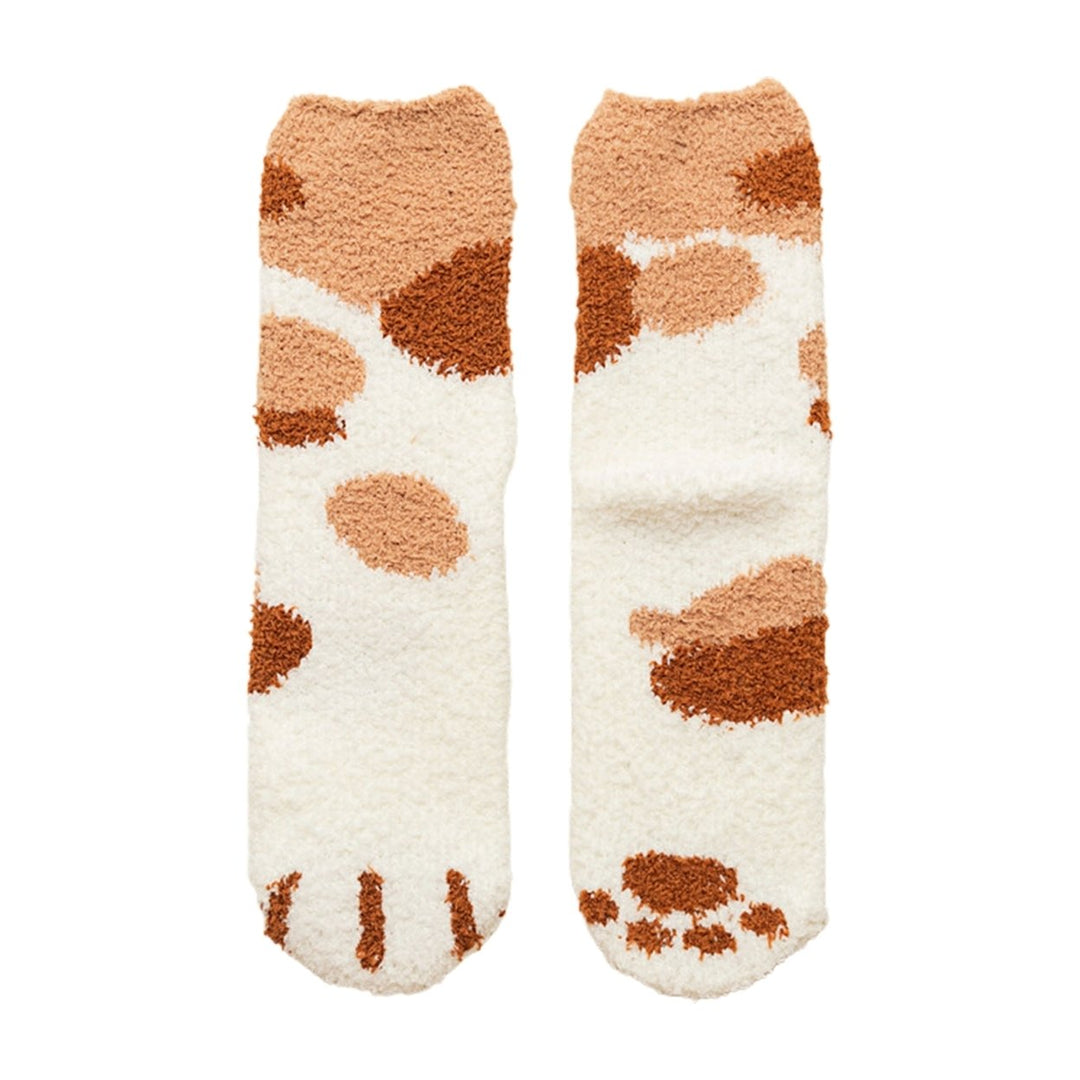 1 Pair Women Floor Socks Cat Feet Middle Tube Stretch Contrast Color Coral Fleece Thicken Cartoon Sleeping Socks for Image 1
