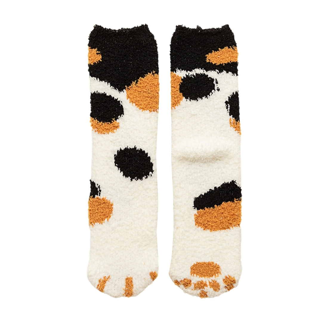 1 Pair Women Floor Socks Cat Feet Middle Tube Stretch Contrast Color Coral Fleece Thicken Cartoon Sleeping Socks for Image 7