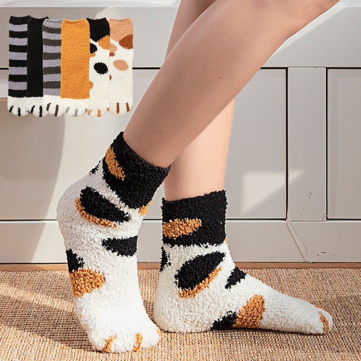 1 Pair Women Floor Socks Cat Feet Middle Tube Stretch Contrast Color Coral Fleece Thicken Cartoon Sleeping Socks for Image 8