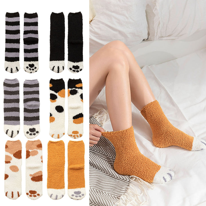 1 Pair Women Floor Socks Cat Feet Middle Tube Stretch Contrast Color Coral Fleece Thicken Cartoon Sleeping Socks for Image 9