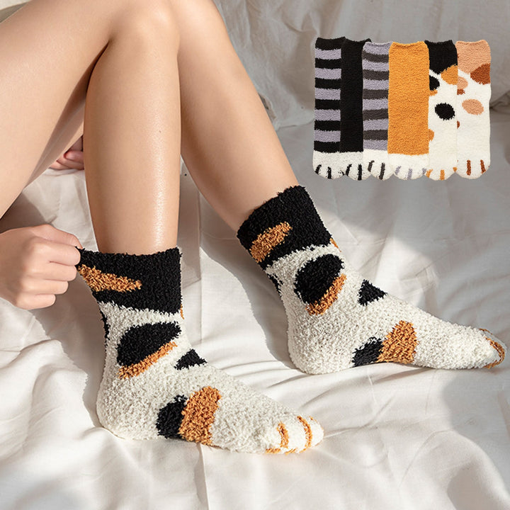 1 Pair Women Floor Socks Cat Feet Middle Tube Stretch Contrast Color Coral Fleece Thicken Cartoon Sleeping Socks for Image 10