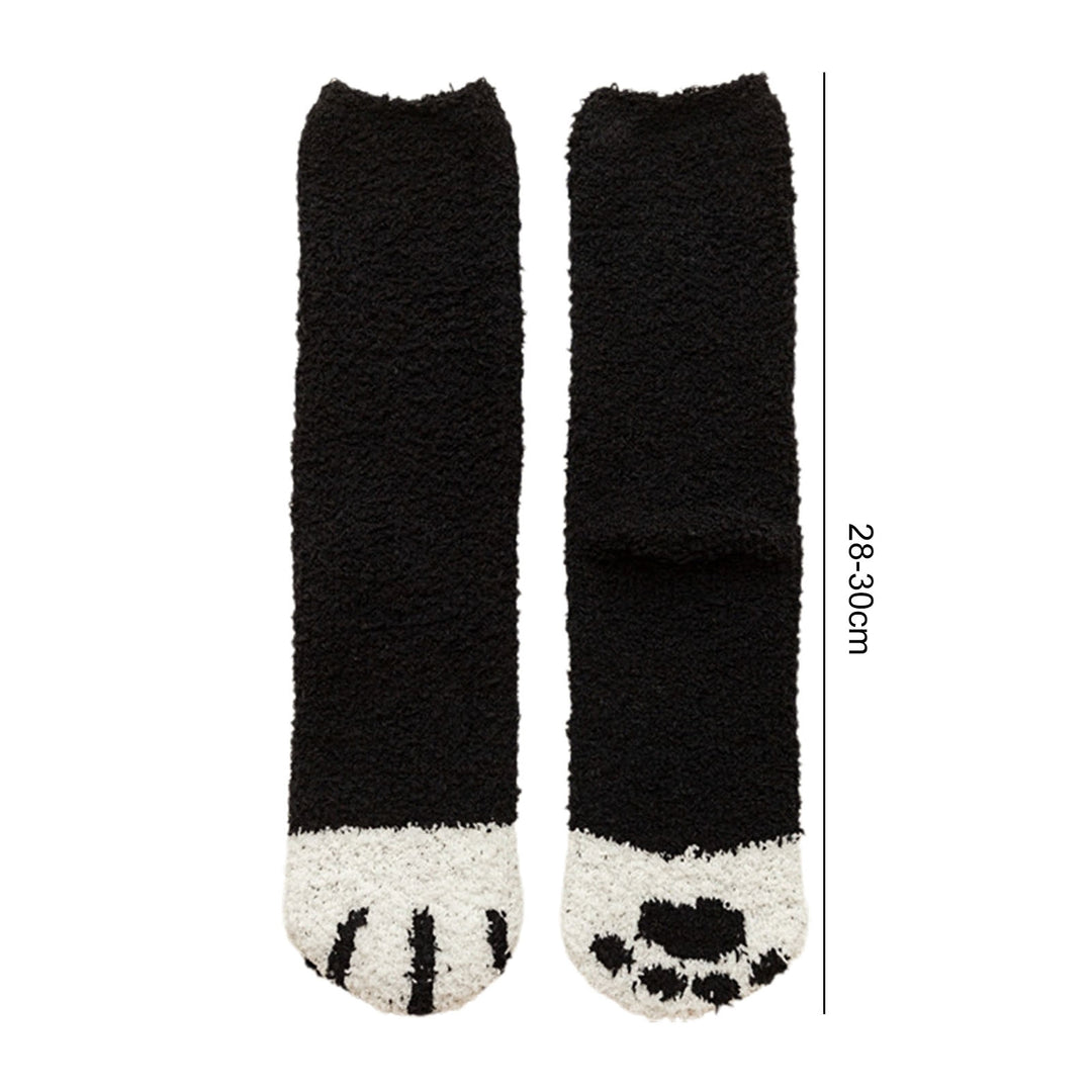 1 Pair Women Floor Socks Cat Feet Middle Tube Stretch Contrast Color Coral Fleece Thicken Cartoon Sleeping Socks for Image 11