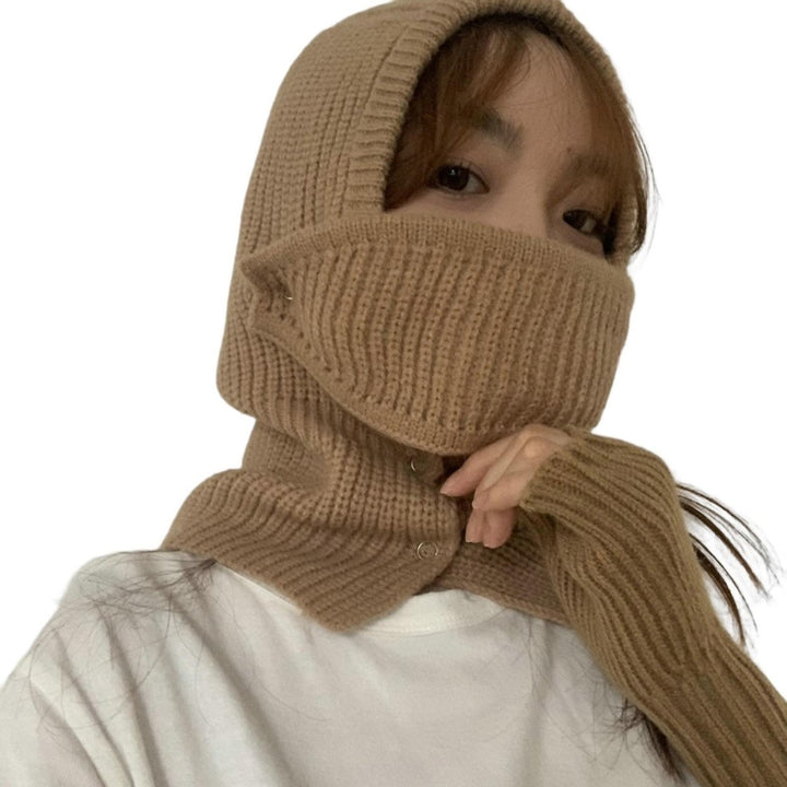 Solid Color Thickened Buttons Closure Scarf Hat Women Winter Knitting One-piece Neck Warmer Face Cover Hat Costume Image 1