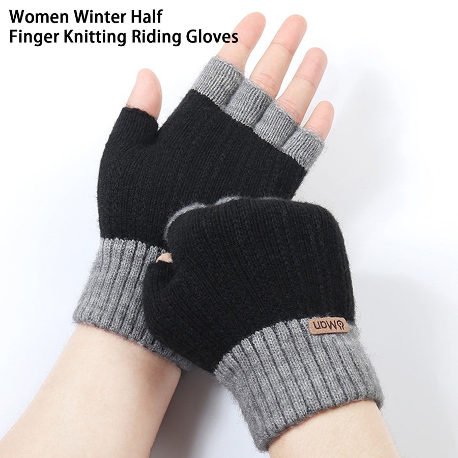 1 Pair Color Matching Ribbed Cuffs Thickened Women Gloves Winter Half Finger Knitting Velvet Lining Gloves Image 1