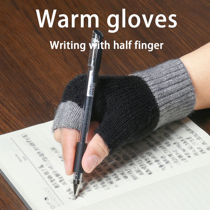 1 Pair Color Matching Ribbed Cuffs Thickened Women Gloves Winter Half Finger Knitting Velvet Lining Gloves Image 6
