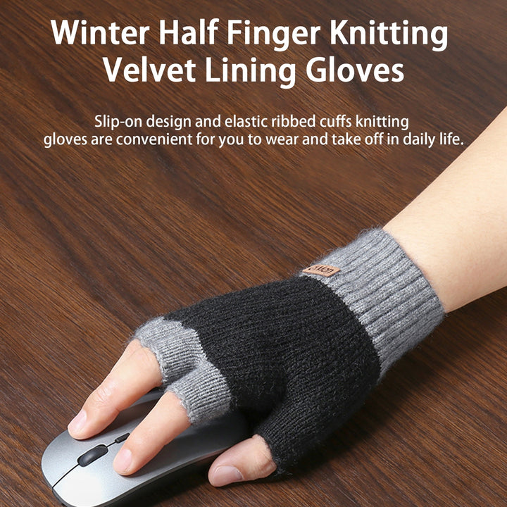1 Pair Color Matching Ribbed Cuffs Thickened Women Gloves Winter Half Finger Knitting Velvet Lining Gloves Image 7