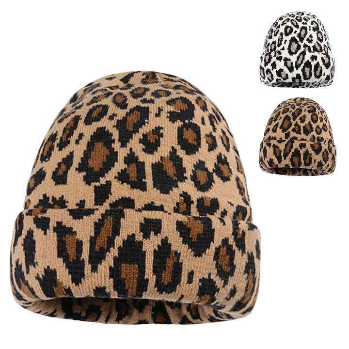 Hemming Brimless Thickened Korean Style Winter Hat Women Leopard Pattern Riding Knitted Beanie Hat Image 1