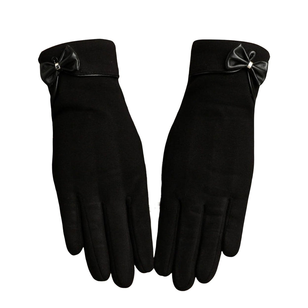 1 Pair Bowknot Decor Thickened Solid Color Women Gloves Autumn Winter Fleece Lining Touch Screen Full Finger Driving Image 1