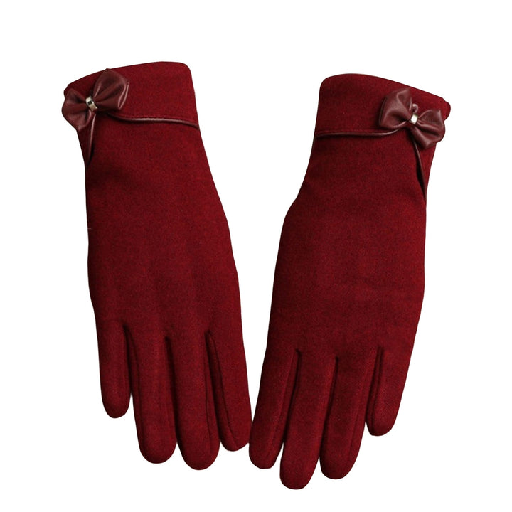 1 Pair Bowknot Decor Thickened Solid Color Women Gloves Autumn Winter Fleece Lining Touch Screen Full Finger Driving Image 3
