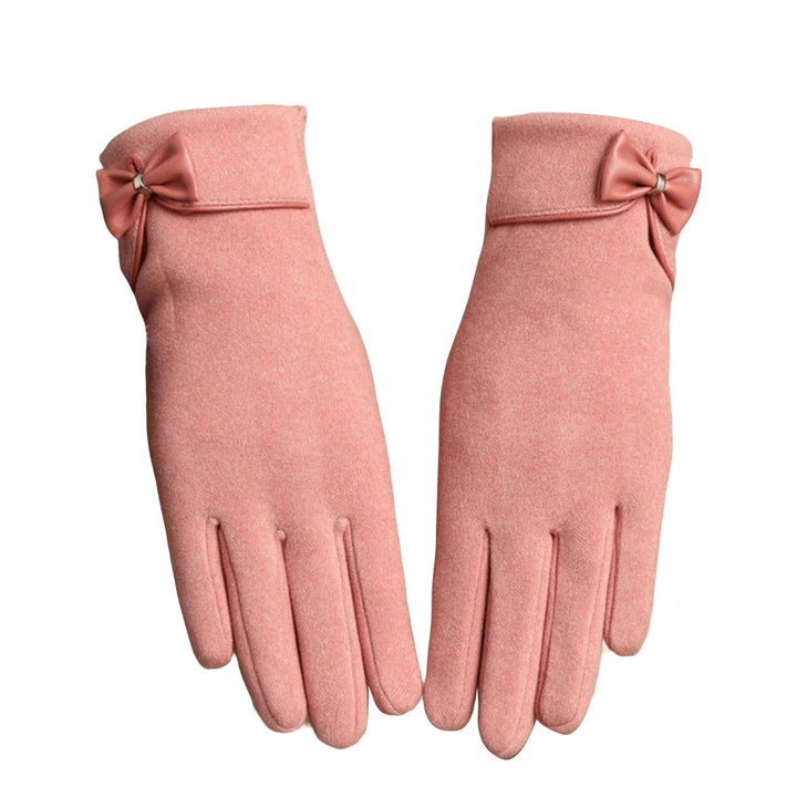 1 Pair Bowknot Decor Thickened Solid Color Women Gloves Autumn Winter Fleece Lining Touch Screen Full Finger Driving Image 6