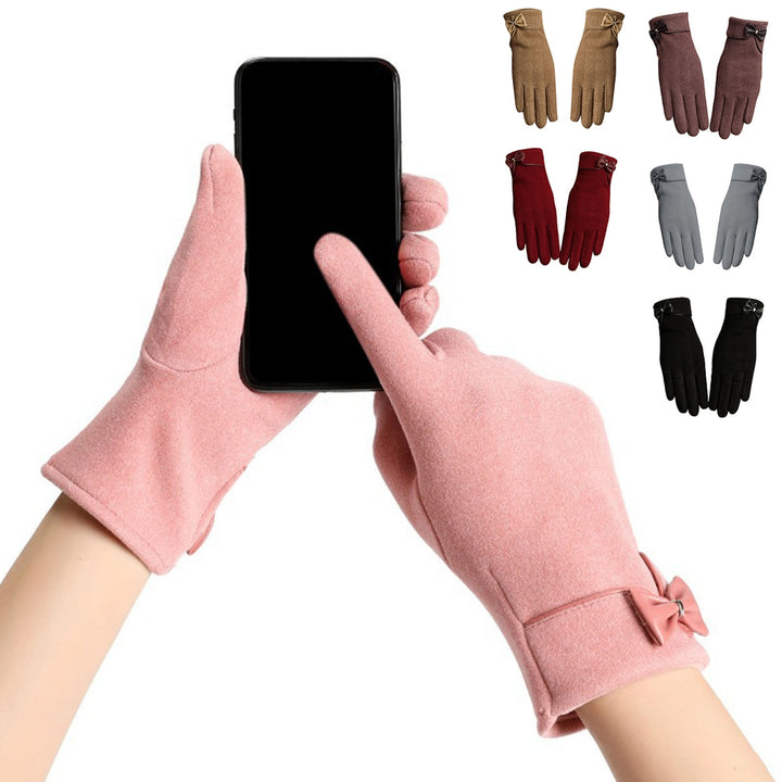 1 Pair Bowknot Decor Thickened Solid Color Women Gloves Autumn Winter Fleece Lining Touch Screen Full Finger Driving Image 10