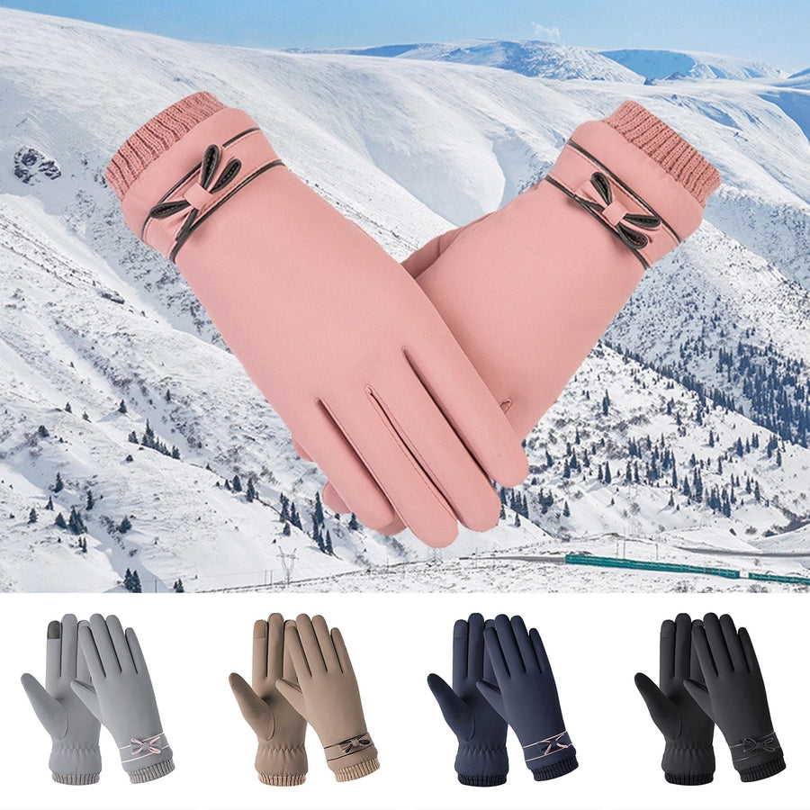 1 Pair Full Finger Bowknot Decor Fleece Lining Women Gloves Autumn Winter Elastic Cuffs Touch Screen Thermal Gloves Hand Image 1