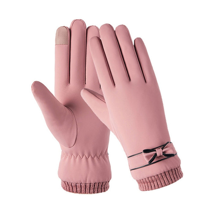 1 Pair Full Finger Bowknot Decor Fleece Lining Women Gloves Autumn Winter Elastic Cuffs Touch Screen Thermal Gloves Hand Image 4