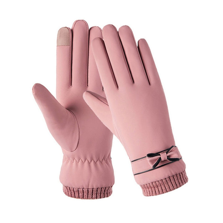 1 Pair Full Finger Bowknot Decor Fleece Lining Women Gloves Autumn Winter Elastic Cuffs Touch Screen Thermal Gloves Hand Image 1