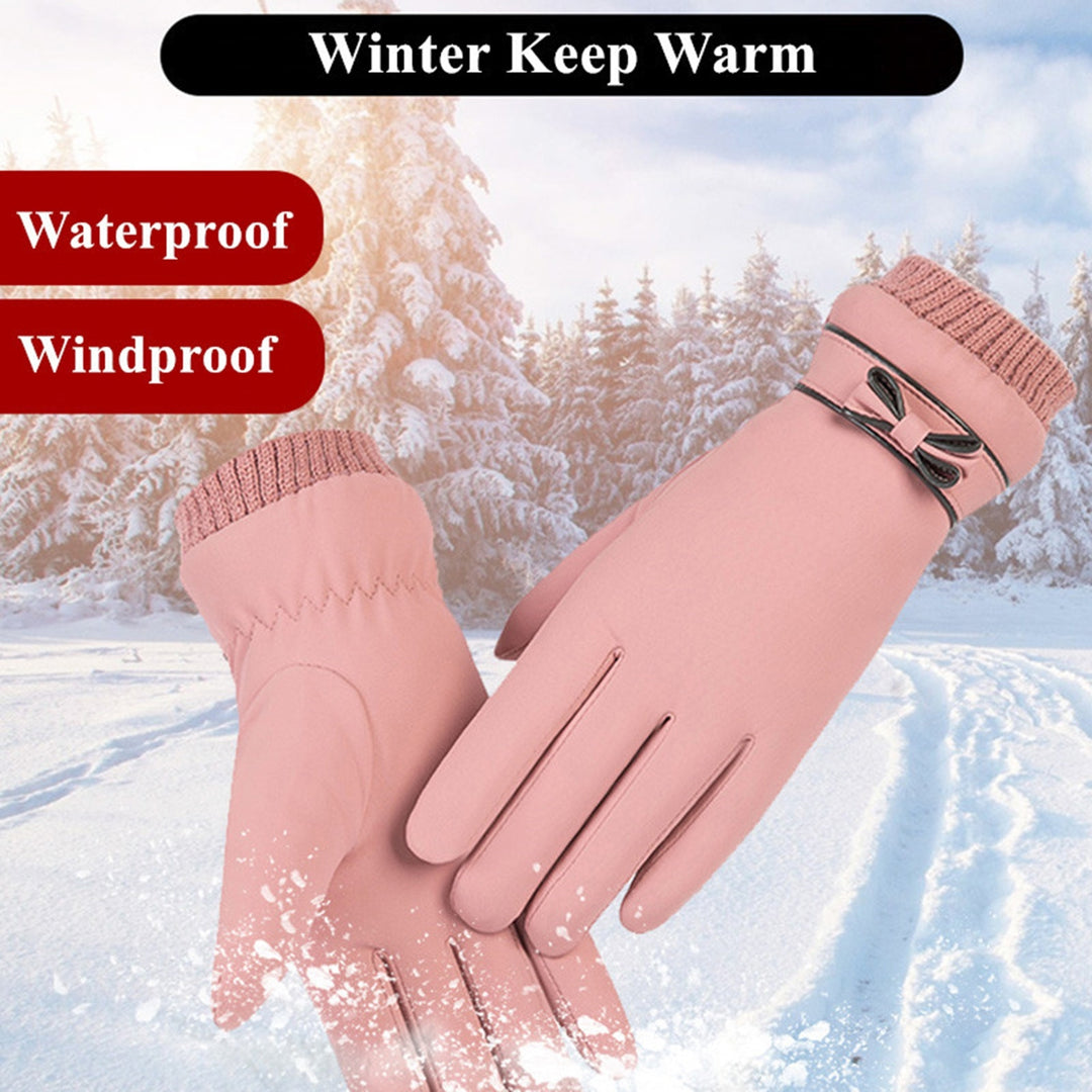 1 Pair Full Finger Bowknot Decor Fleece Lining Women Gloves Autumn Winter Elastic Cuffs Touch Screen Thermal Gloves Hand Image 7