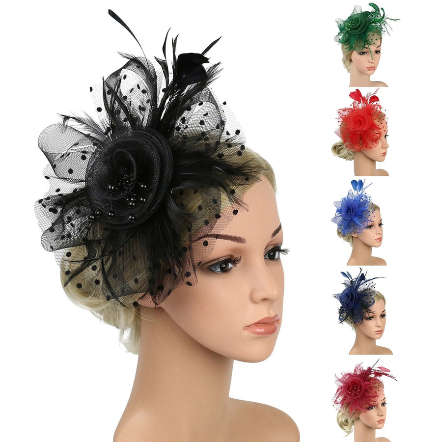 Imitation Pearls Decor Sweet Fascinator Hat with Headband Faux Feather Flower Mesh Shape Party Headgear Photograph Props Image 1