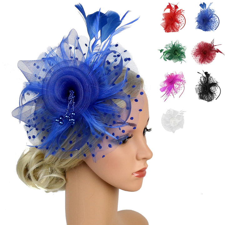 Imitation Pearls Decor Sweet Fascinator Hat with Headband Faux Feather Flower Mesh Shape Party Headgear Photograph Props Image 10