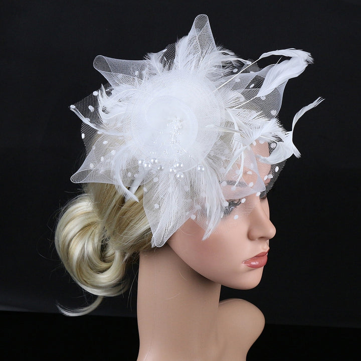 Imitation Pearls Decor Sweet Fascinator Hat with Headband Faux Feather Flower Mesh Shape Party Headgear Photograph Props Image 12