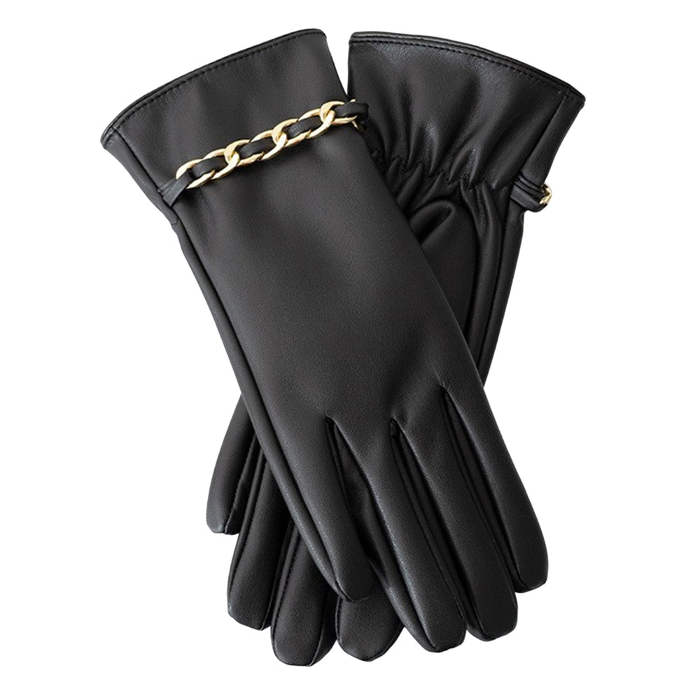 1 Pair Chain Decor Elastic Cuffs Faux Leather Women Gloves Winter Fleece Lining Touch Screen Full Finger Driving Gloves Image 2