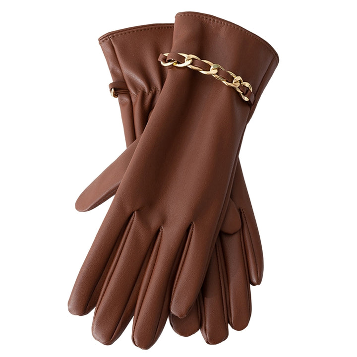1 Pair Chain Decor Elastic Cuffs Faux Leather Women Gloves Winter Fleece Lining Touch Screen Full Finger Driving Gloves Image 3
