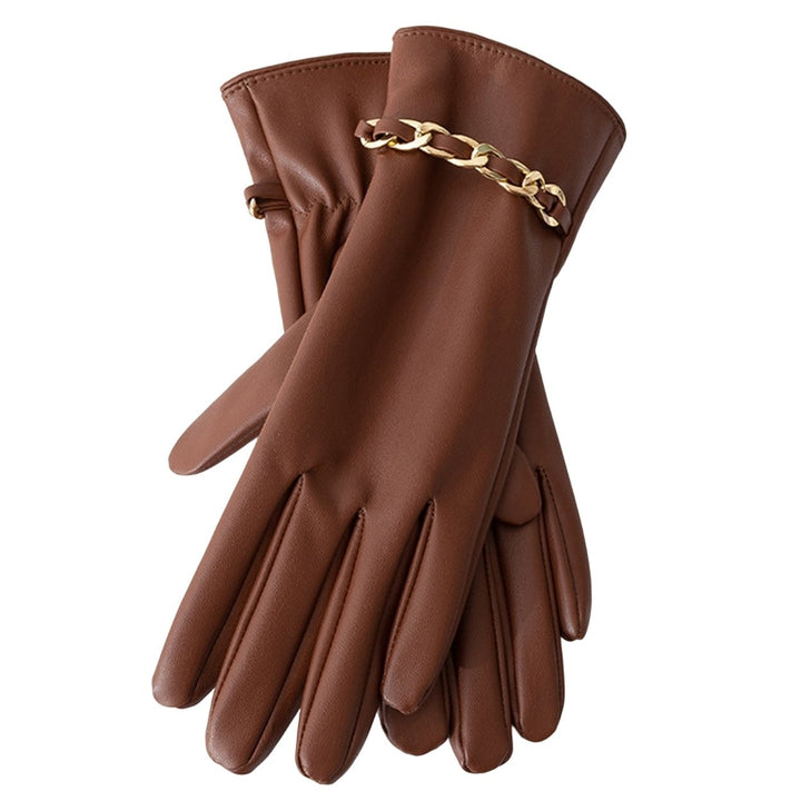 1 Pair Chain Decor Elastic Cuffs Faux Leather Women Gloves Winter Fleece Lining Touch Screen Full Finger Driving Gloves Image 1