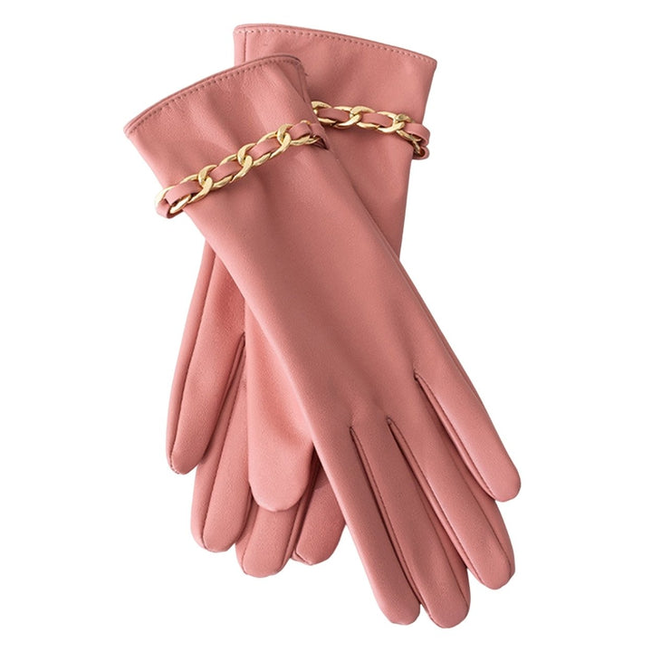 1 Pair Chain Decor Elastic Cuffs Faux Leather Women Gloves Winter Fleece Lining Touch Screen Full Finger Driving Gloves Image 4