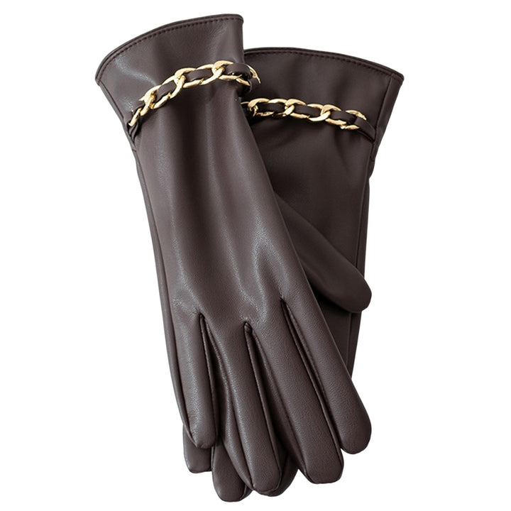 1 Pair Chain Decor Elastic Cuffs Faux Leather Women Gloves Winter Fleece Lining Touch Screen Full Finger Driving Gloves Image 1