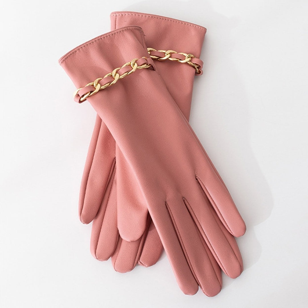 1 Pair Chain Decor Elastic Cuffs Faux Leather Women Gloves Winter Fleece Lining Touch Screen Full Finger Driving Gloves Image 12