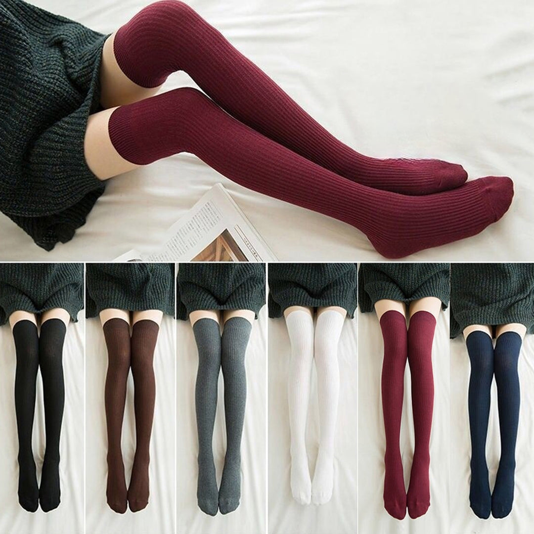 1 Pair Women Socks Vertical Stripe Solid Color Thigh High Long Tube Spring Autumn Good Stretch Beauty Leg Stockings Image 1