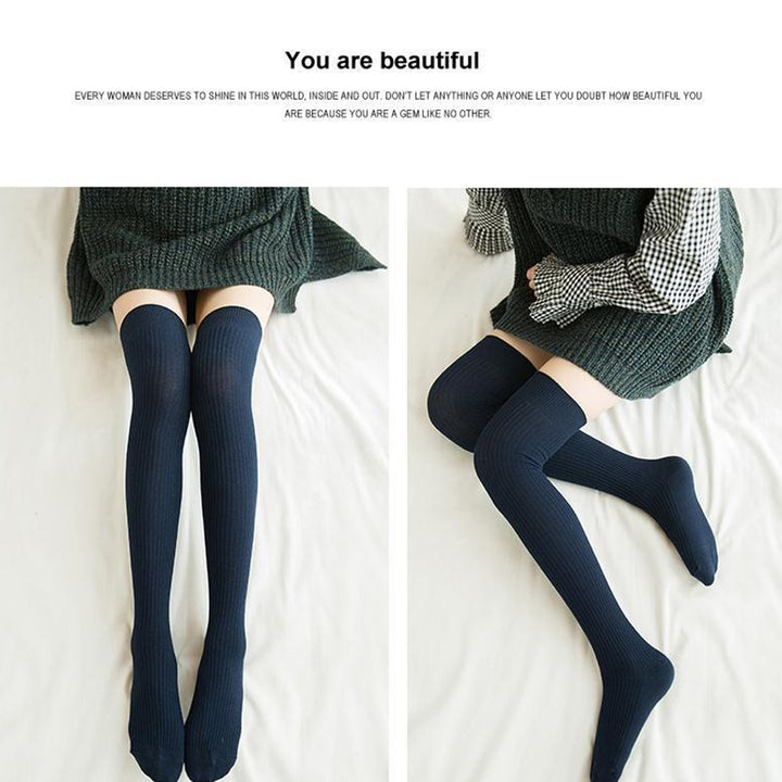 1 Pair Women Socks Vertical Stripe Solid Color Thigh High Long Tube Spring Autumn Good Stretch Beauty Leg Stockings Image 8