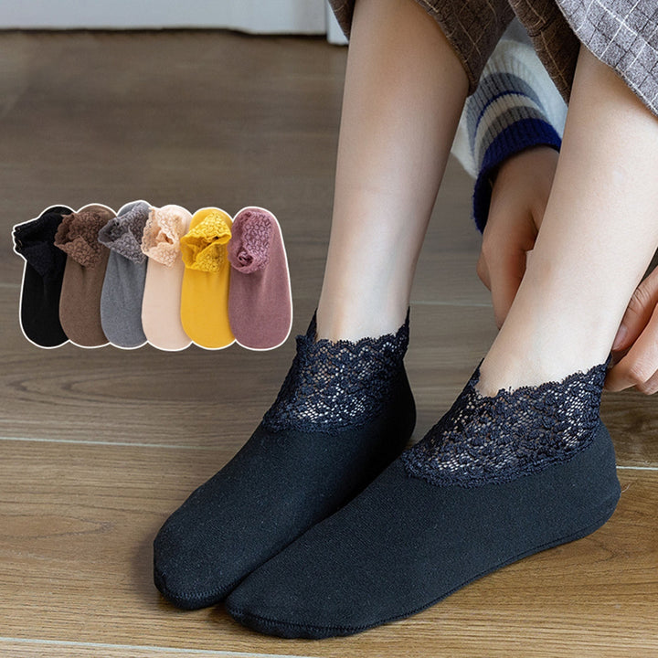 1 Pair Ankle Socks Super Soft Lace Trim Non-Slip Highly Elastic Friendly to Skin Keep Warm Solid Image 10