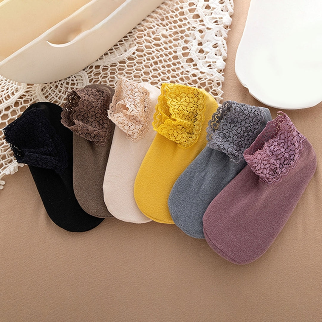 1 Pair Ankle Socks Super Soft Lace Trim Non-Slip Highly Elastic Friendly to Skin Keep Warm Solid Image 12